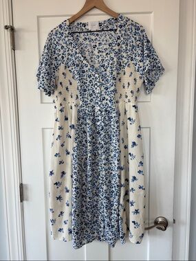 Seraphine Luxe Maternity Nursing White Blue Floral Flutter Sleeve Dress US 14